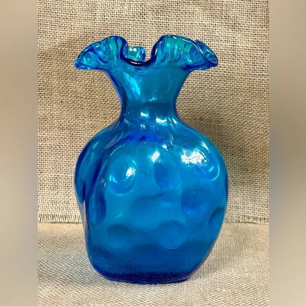 Bright Blue Hand Blown Glass Thumbprint Vase Ruffle Rim Ocean Coastal Fairy Core